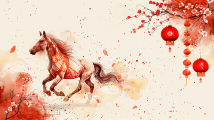 realistic watercolor vector illustration for Lunar New Year 2026, Year of the Horse theme