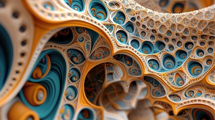Close-up of an abstract, geometric structure with organic shapes in shades of blue, yellow, and white. The intricate design features repeating patterns and a te
