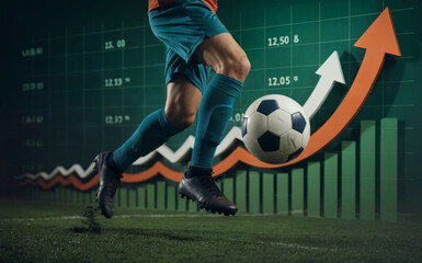 Soccer Player Dribbling Ball with Rising Graph for Sports Analytics Concept