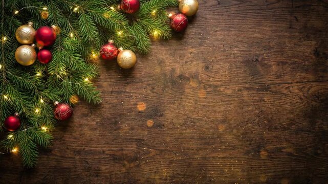 Christmas fir branches with red and gold ornaments and glowing lights on a rustic wooden background.