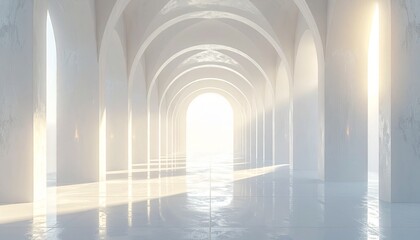 発光する白い石で構成されたミニマルな建築空間に、大きなアーチと柔らかな影が広がります。
拡散した光が漂い、霧の気配と金の反射がオーケストラの重なりのような深みを演出します。