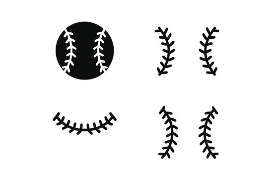 Black and white baseball stitching elements and ball silhouette for sports graphics
