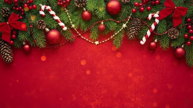 Festive Christmas border with fir branches, red ornaments, and candy canes on a textured red background.