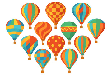 Collection of colorful hot air balloons with diverse patterns floating in the blue sky