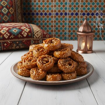 Chebakia arranged neatly on a clean white plate forming inviting Middle Eastern dessert scene