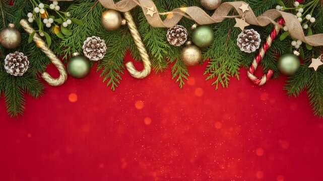 Festive Christmas border with fir branches, ornaments, and candy canes on a sparkling red background.