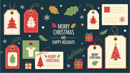 Assorted Festive Christmas and Holiday Gift Tags with Winter Decorations and Evergreen Motifs