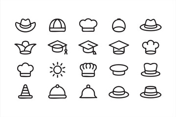 Outline icons of common hats for fashion and education themes