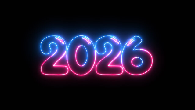 Glowing neon text 2026 festive new year celebration. Happy New Year 2026