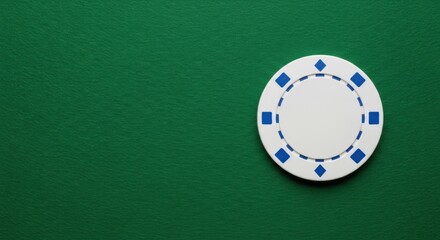 A single white poker chip with blue accents sits on a green felt table providing ample copy space for gambling and casino themed designs