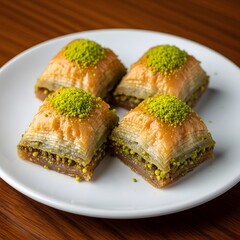 Traditional baklava dessert is presented on a white plate placed on brown wooden table
