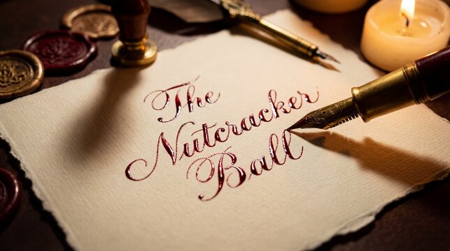 Calligraphy text on paper with fountain pen and candle. Vintage holiday invitation scene with warm lighting. Ideal for Christmas event promotions. - Powered by Adobe