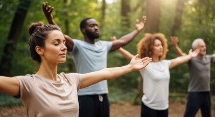 Diverse group practicing yoga outdoors in nature