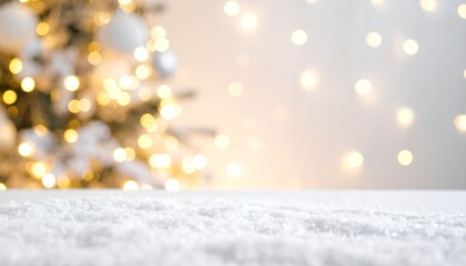 Warm and inviting festive backdrop with soft-focus golden lights, beautifully complementing a flat display of white fake snow for a cozy holiday atmosphere