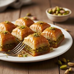 Delicate baklava slices are served on a white plate set neatly on rustic wooden table