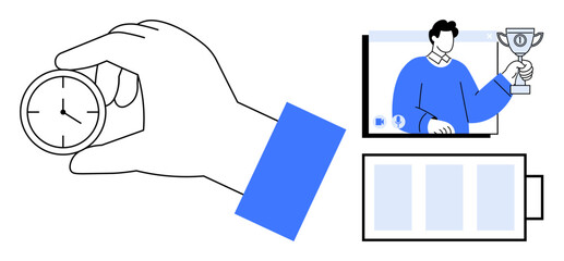 Hand holding clock, person celebrating with trophy on video call, and battery level icon. Ideal for productivity, time tracking, remote work, efficiency tools, business motivation, success