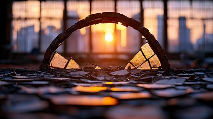 A broken window frame with a view of the sunset in an abandoned building. The scene is illuminated by warm, dramatic lighting.
