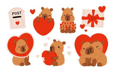 Cute Valentine Capybara Clipart Set. Loving Capybaras with Hearts, Gifts, Mailbox and Romantic Elements, Adorable Flat Cartoon Vector Illustration for Valentines Day Decor and Cards