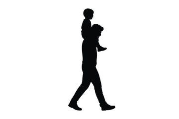 Silhouette of father walking with child on shoulders isolated on white