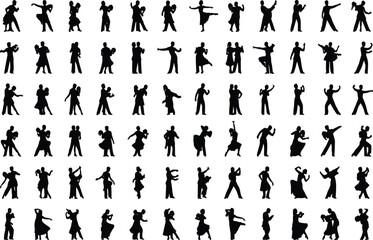 Extensive collection of sixty-six black vector dancing couple and individual silhouettes, showcasing various styles like tango, salsa, and waltz, representing rhythm, performance, music, romance, and 
