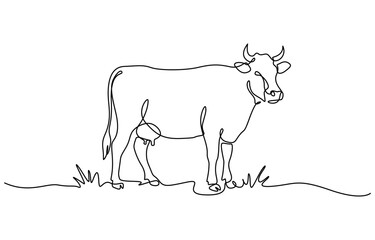 Cow on pasture in continuous line art drawing style. Grazing cow minimalist black linear sketch isolated on transparent background