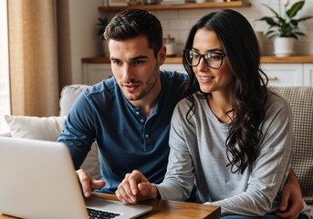 Happy young couple using a laptop together at home on the couch. Smiling man and woman browsing the internet for online shopping or planning