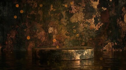 Dark and luxurious textured background with a metallic pedestal reflecting on a wet surface, featuring golden bokeh lights. - Powered by Adobe