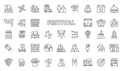 Festival icons in line design. Festival, celebration, event, music, party, crowd, entertainment on white background vector. Festival editable stroke icons
