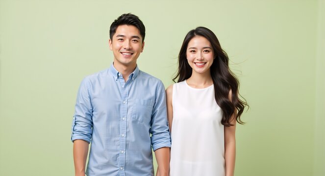 Portrait of a happy young Asian couple standing together. Smiling man and woman looking at camera on green background. Love and relationship concept with copy space