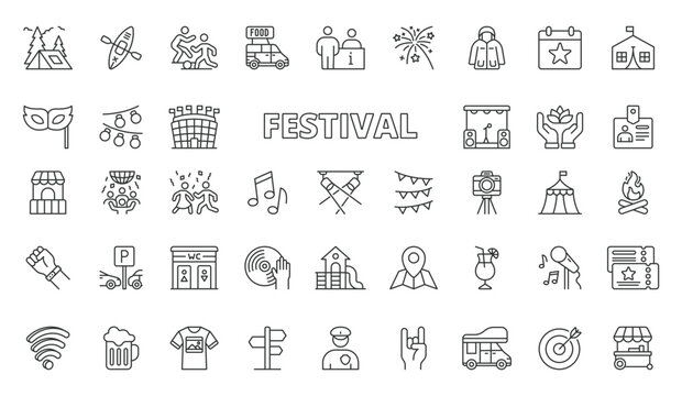Festival icons in line design. Festival, celebration, event, music, party, crowd, entertainment on white background vector. Festival editable stroke icons