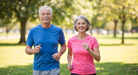 Active senior couple running together in a sunny park. Happy elderly man and woman jogging outdoors in sportswear. Healthy lifestyle and retirement concept