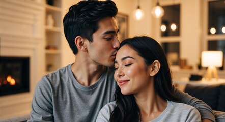 Affectionate young man kissing his girlfriend on the forehead in a cozy living room. Happy romantic couple sharing an intimate moment at home. Love and relationship concept