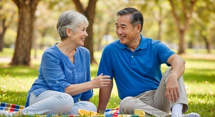 Happy senior couple enjoying a picnic in a park. Diverse elderly man and woman sitting on a blanket on the grass. Active retirement lifestyle