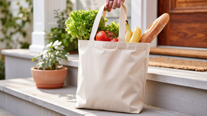 close up of a hand holding a reusable tote bag filled with fresh groceries including lettuce, tomatoes, bananas, and a baguette on a home doorstep