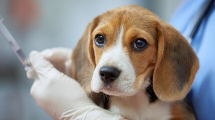 Young veterinarian wearing gloves and examining sick beagle dog in clinic.