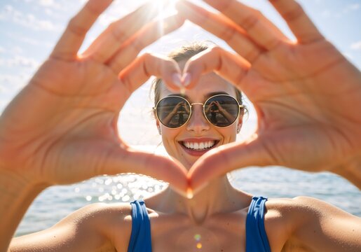 Happy young woman making a heart shape with her hands on a sunny beach. Smiling female in sunglasses enjoying a summer vacation by the ocean. Love and travel lifestyle concept