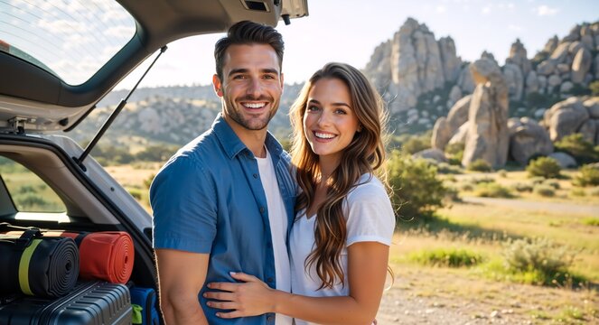 Happy young couple smiling on a road trip adventure. Man and woman standing by their car with luggage in a scenic outdoor landscape - Powered by Adobe