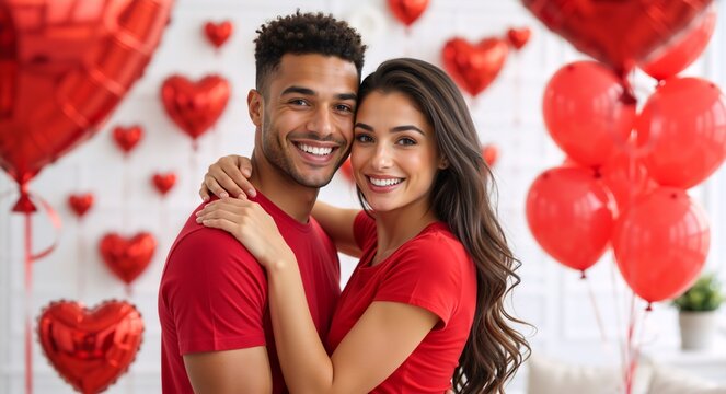 Cheerful multiethnic couple hugging among red heart balloons. Happy man and woman celebrating Valentine's Day. Love and romance concept
