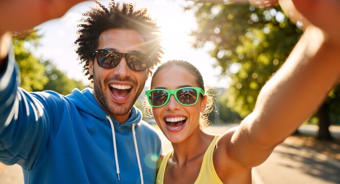 Happy multi-ethnic couple taking a selfie outdoors in the park. Man and woman wearing sunglasses laughing on a sunny day. Summer lifestyle concept - Powered by Adobe