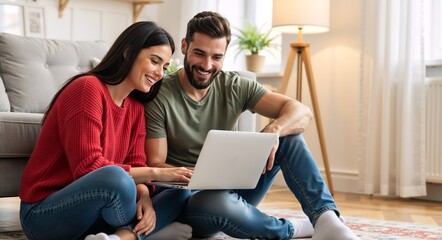 Happy young couple using a laptop together in their living room. Smiling man and woman sitting on the floor browsing online