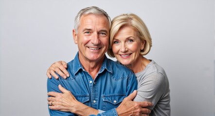 Portrait of a happy senior couple embracing and smiling at the camera. Mature caucasian husband and wife showing affection on a gray background