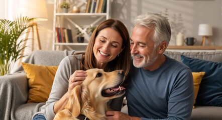 Happy senior couple petting their golden retriever dog on the sofa at home. Mature man and woman smiling and bonding with their pet in a cozy living room