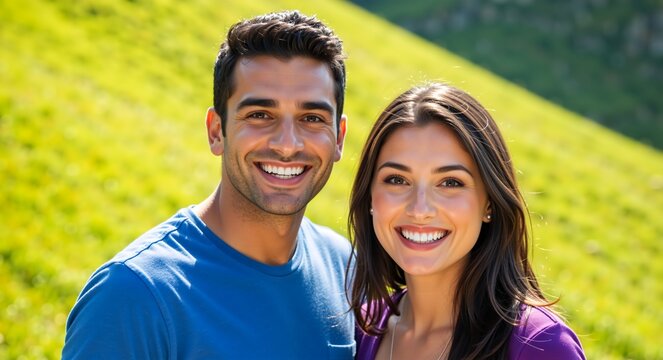 Happy young mixed race couple smiling at the camera outdoors. Portrait of an attractive man and woman with perfect white teeth on a sunny day