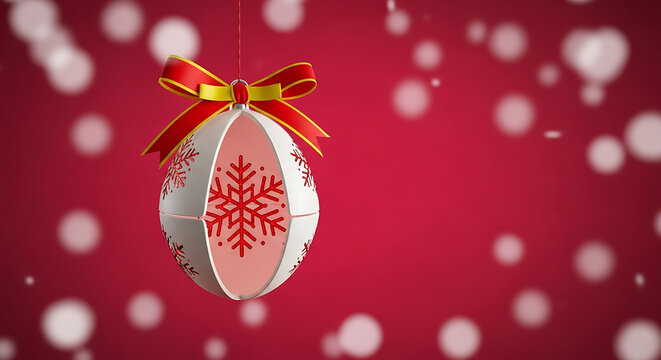 Festive christmas ornament with snowflake design hanging against a red background - Powered by Adobe