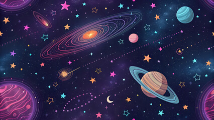 planets in space, Space stars pattern, neon planets and constellations, seamless