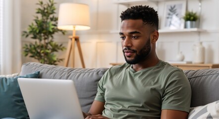 Young black man working on a laptop while sitting on the couch at home. Focused male freelancer or student studying online in a modern living room