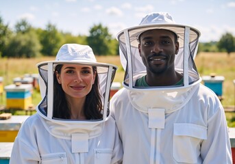 Portrait of a smiling diverse couple in beekeeper suits. Man and woman working together at an apiary with beehives in the background. Sustainable farming and small business owners