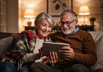 Happy senior couple using a digital tablet on a sofa. Elderly man and woman laughing during a video call in a cozy living room at night. Retirement lifestyle and technology concept