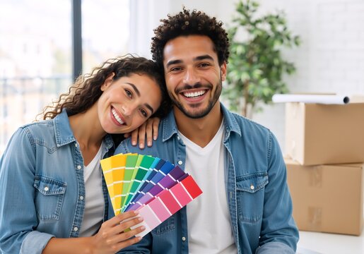 Smiling mixed-race couple holding a color palette for home renovation. Happy partners choosing paint swatches for their new apartment