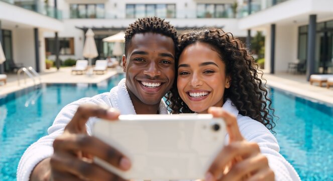 Smiling young couple taking a selfie with a phone at a luxury resort. Happy man and woman in bathrobes enjoying a summer vacation by the pool